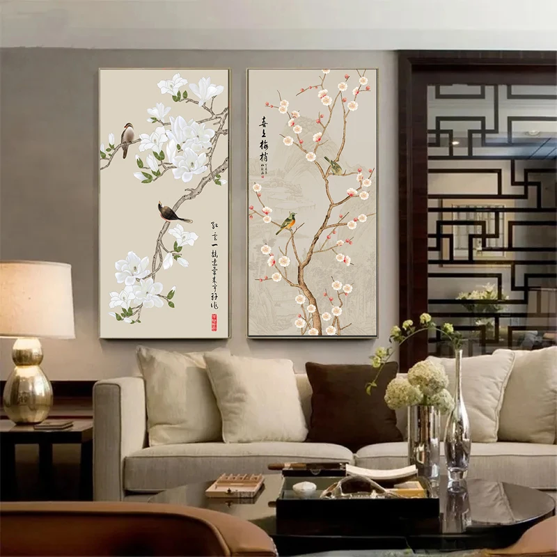Traditional Retro Chinese Style Lotus Peony Letter Canvas Painting Poster Print Wall Art Picture Living Room Home Decor Cuadros