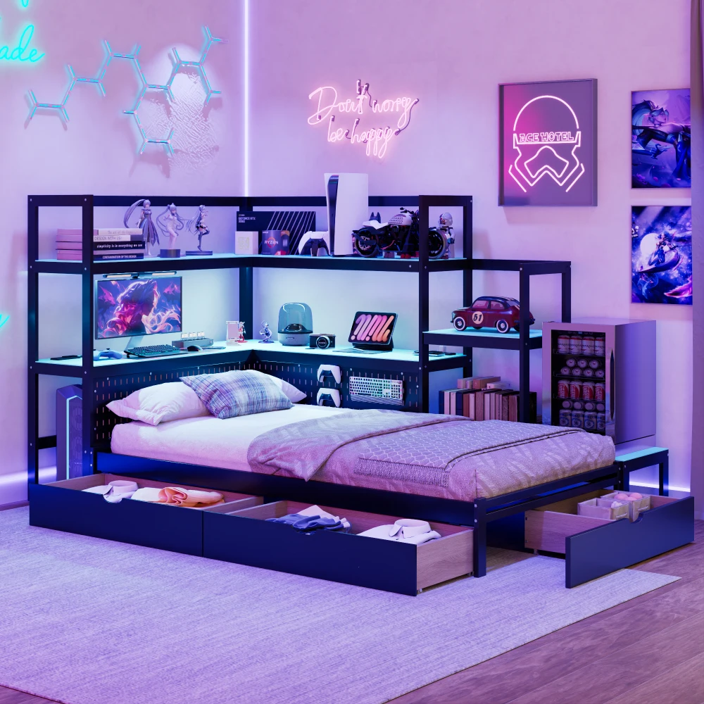 

Twin Gaming Daybed: Desk, LED Light, 3 Drawers, Charging Station, Multi-Func Headboard Bookcase (Black+Blue)
