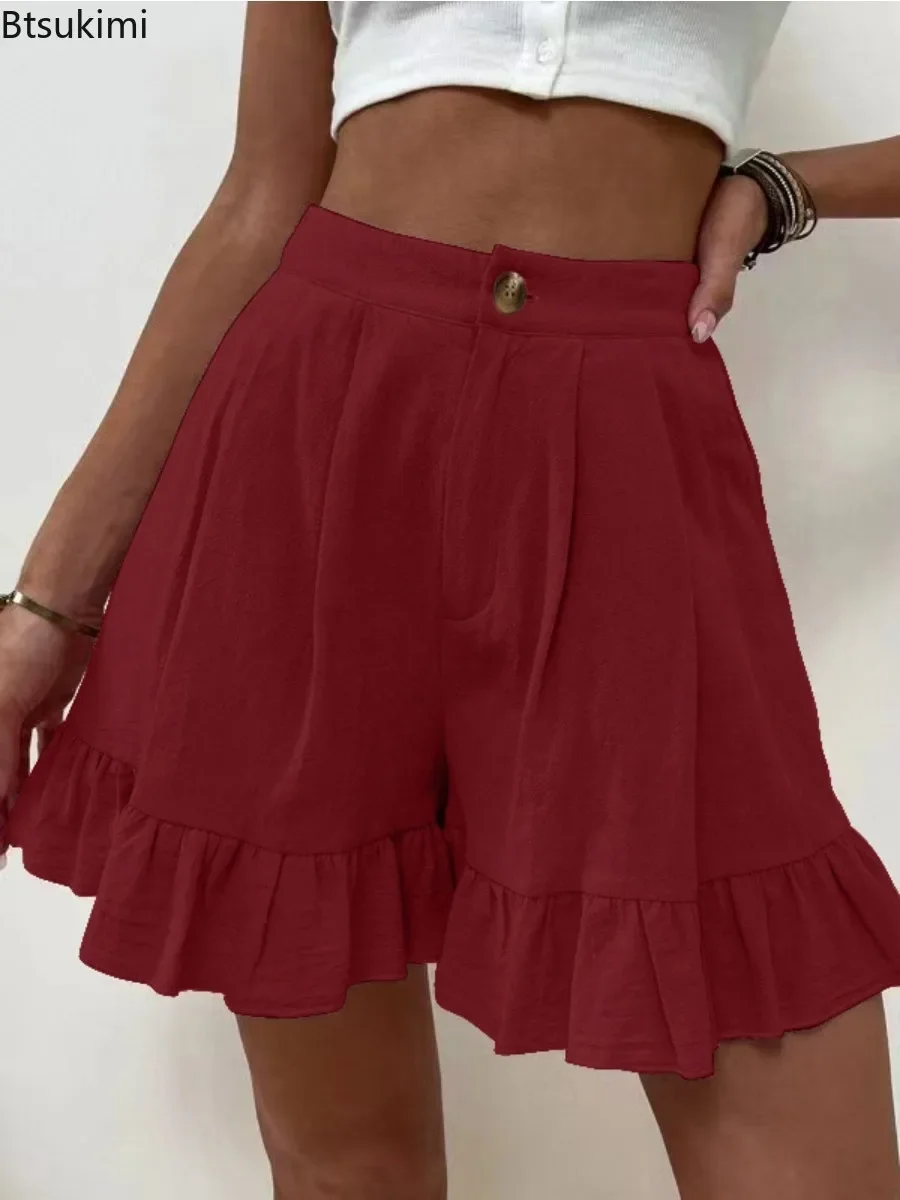 2024 Women\'s Summer Casual Shorts Solid Loose Fitting Wide Leg Shorts With A Line Ruffle Trim Cotton Linen Soft Shorts Female