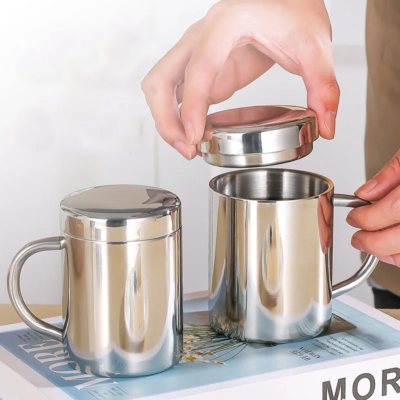 Двухслойная чашка для кофе из нержавеющей стали с защитой от ожогов, портативные кружки стенками с крышкой и ручкой, чашка для кофе и чая, кружка для путешествий, офиса
