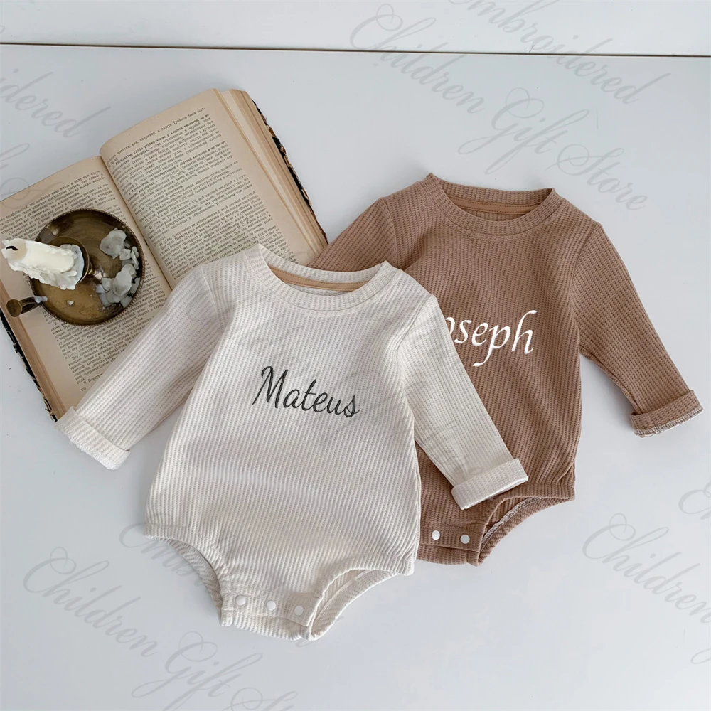 

Customized Children's Clothing for Boys and Girls Personalized Name Solid Color Waffle Plaid Long Sleeve Newborn Soft Jumpsuits