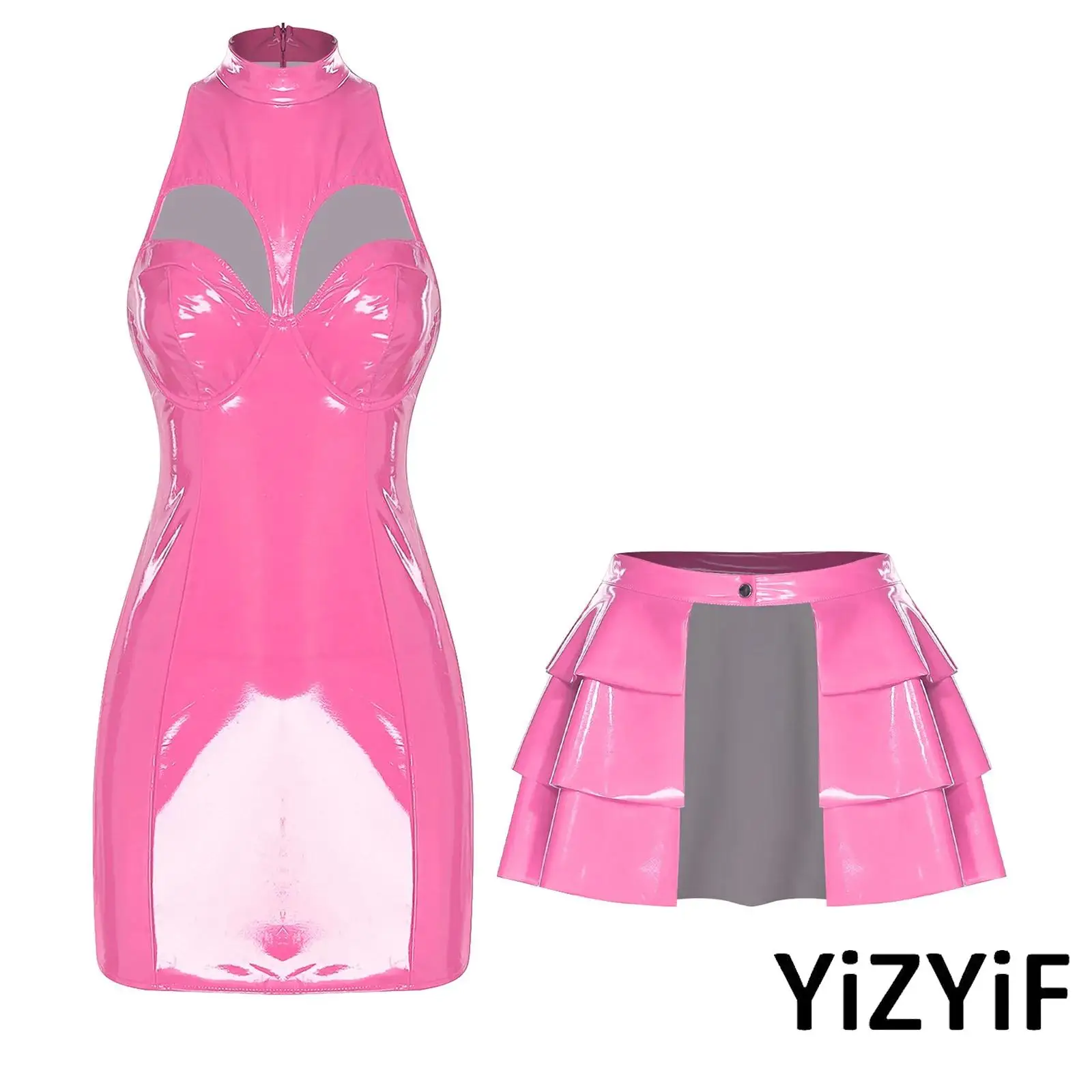 

Glossy Pu Dress and Skirt Set for Women Bodycon Design with Cutout Push Up Bra and Tiered Ruffled Hem Mini Skirt for Club Rave