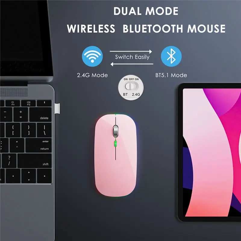 A99X BT5.1+2.4Ghz Wireless Mouse with Mouse Jiggler,Rechargeable 2.4G Mouse, Mouse Mover for USB-Enabled Computer,Pink