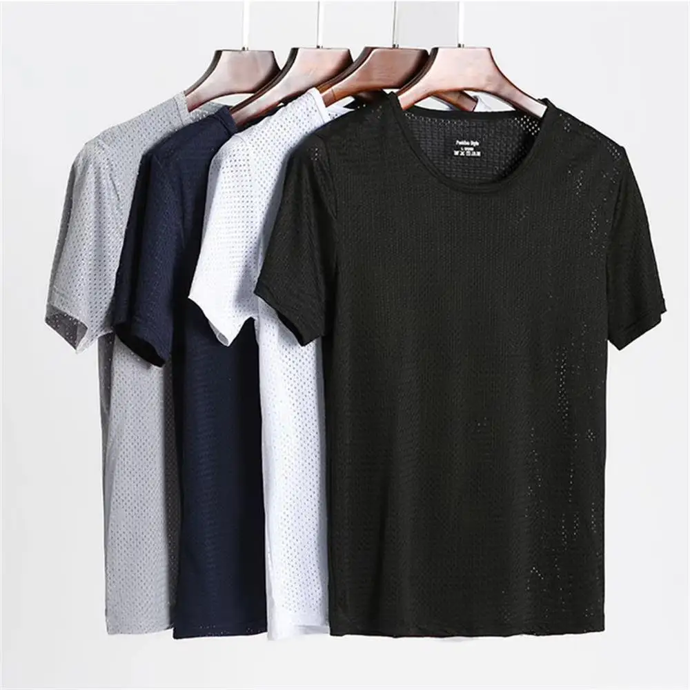 Mannen Ijs Zijde T-shirt Dunne Mesh T-shirt O-hals Korte Mouw Casual Sport Fitness Tops Mannelijke Ademende Tees Zomer Mannen t-shirts