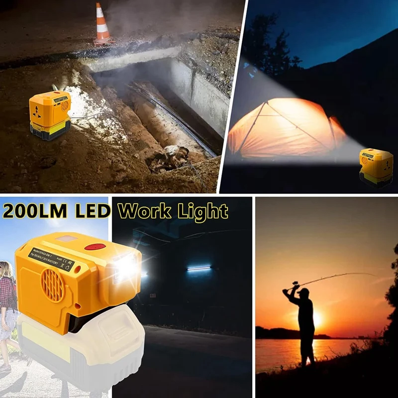 Inversor de corriente de 200W para Dewalt, batería de litio de 20V, adaptador USB de corriente portátil con luz LED