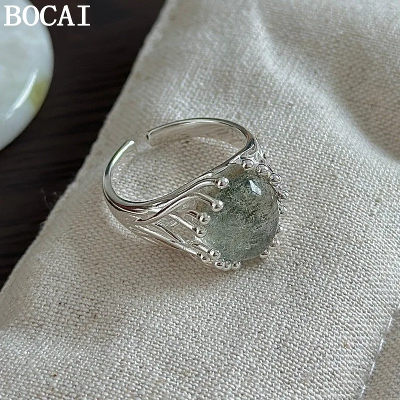 BOCAI S925 Sterling Silver Jewelry Vintage Simplicity Green Ghost Ring Women's Selected Gift