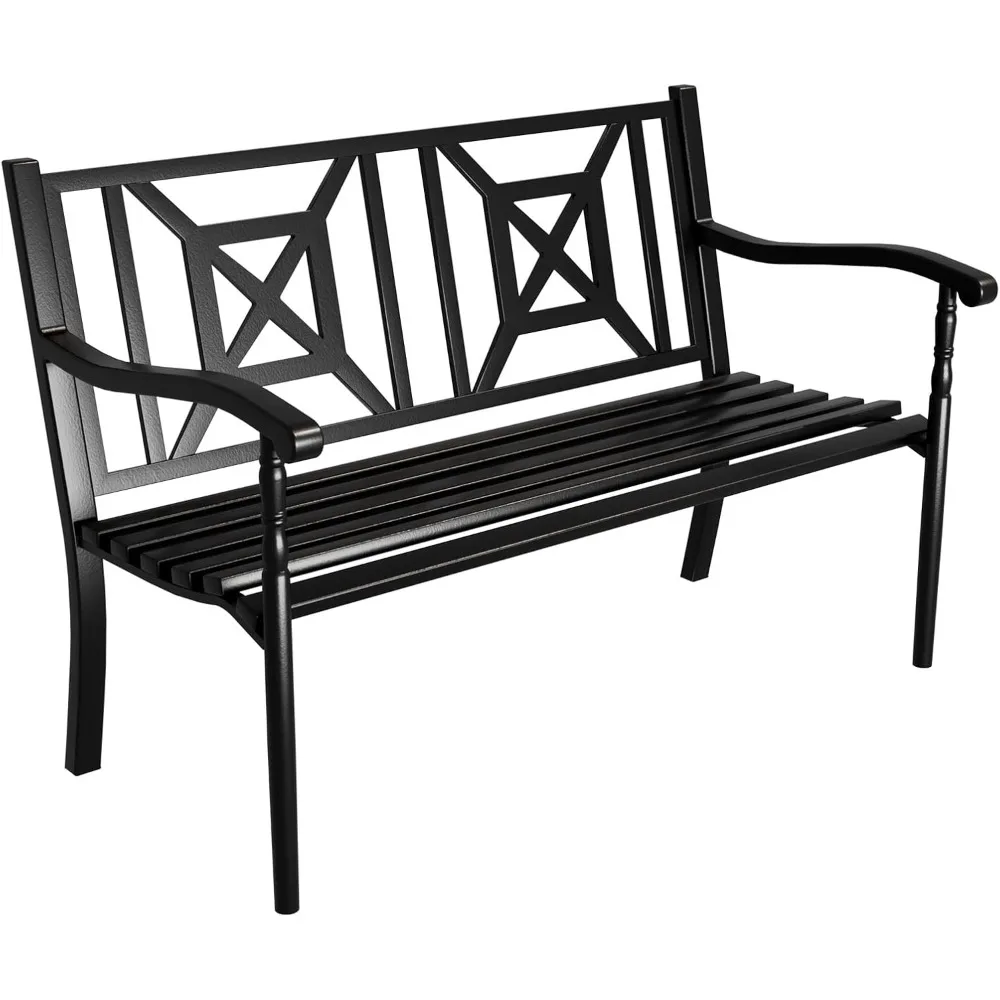 

Garden Bench, Black Outdoor Patio Bench, Wrought Iron Bench with Backrest & Armrests, Weatherproof Park Bench for Porch