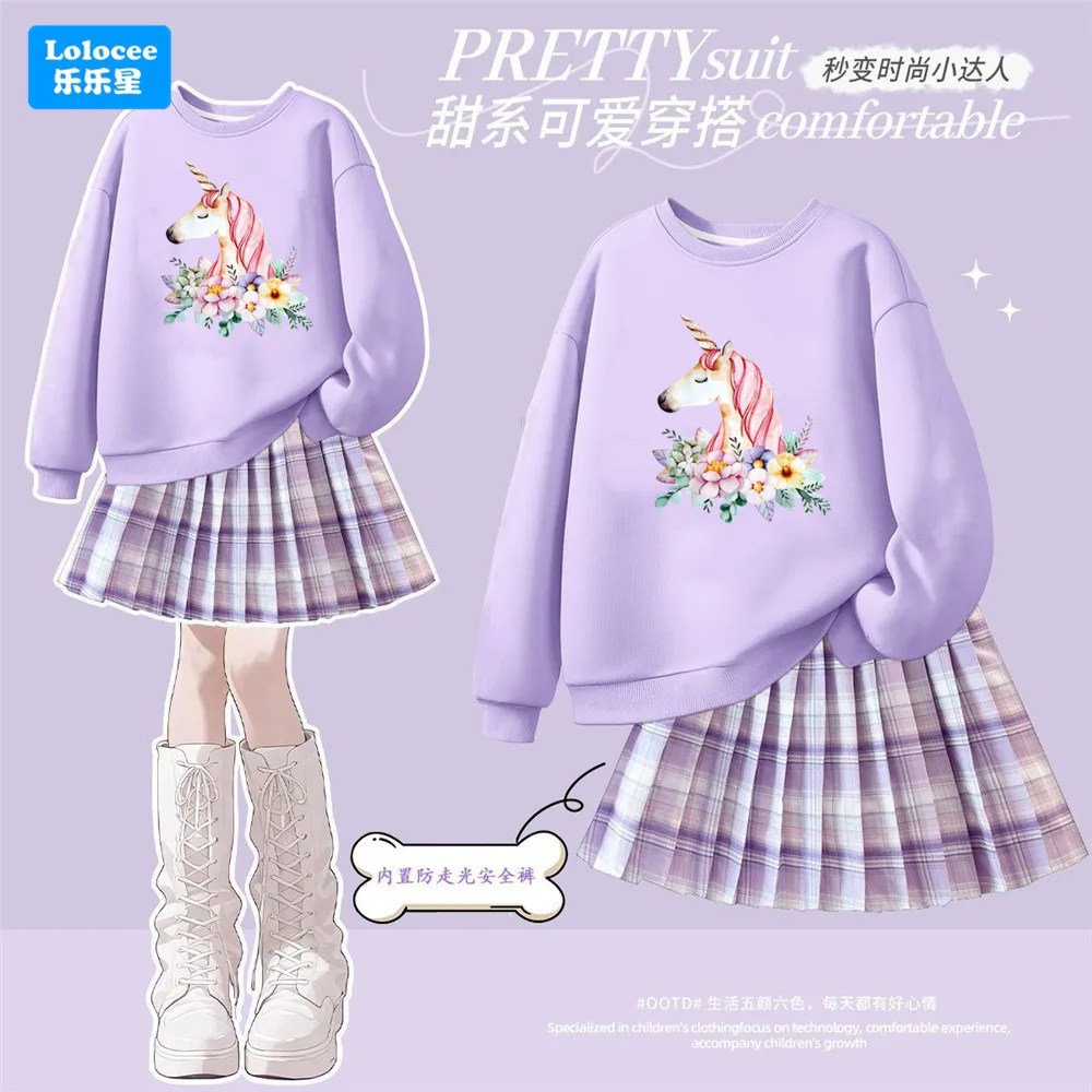 Girls Daily School Clothing Set Unicorn Flower Graphic Sweatshirt + Plaid Pleated Skirt 2‑Pcs Lightweight Spring‑Autumn Outfit