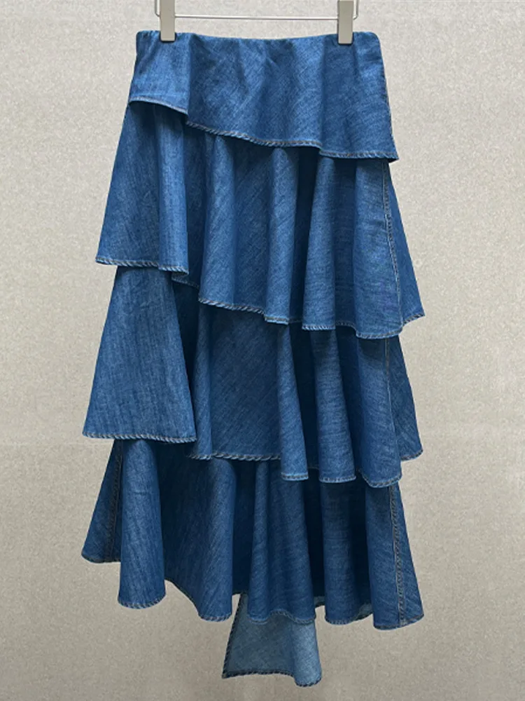 EAEOVNI luxe bleu Denim jupe pour femmes plis volants Patchwork conception asymétrique une ligne jupes longues Streetwear 2025 nouveau