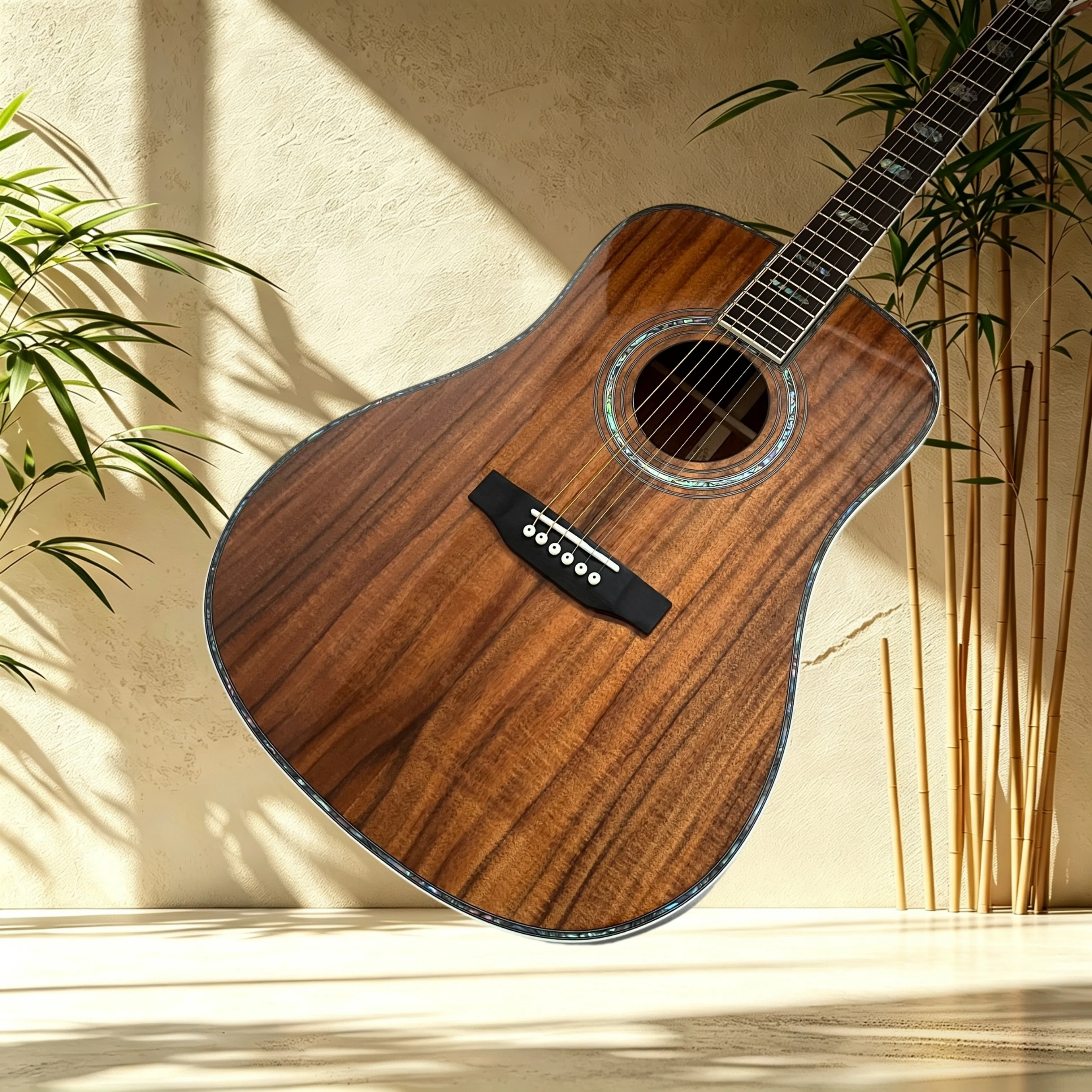 D45 Acoustic Guitar All Koa Wood Ebony Fretboard Abalone Soundhole Inlay Singing Fingerstyle Enthusiast Intermediate Practice