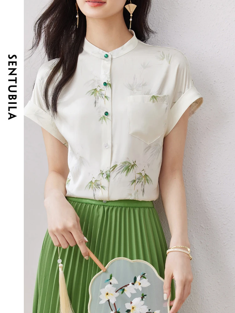 SENTUBILA Chinese Style Comfort Stand Collar Floral Shirt 2024 Summer Straight Button Up Elegant Blouses Womens Tops 132C50255