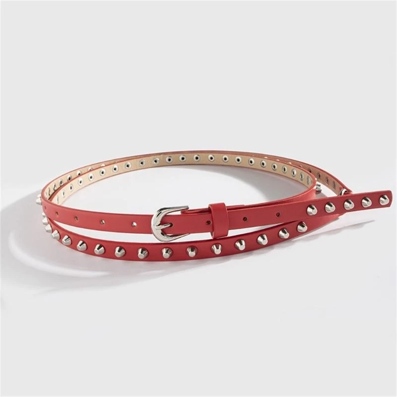 

652F Punk Rivet Studded Pin Buckle PU Belt for Women Girls All Matching Double Loop Waist Belt Fashion Waistband for Jeans