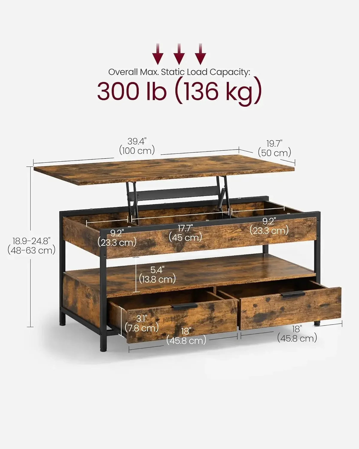 Mesa de centro elevatória com gavetas de armazenamento, mesa de centro para sala de estar com tampo elevatório, compartimentos ocultos e prateleira aberta