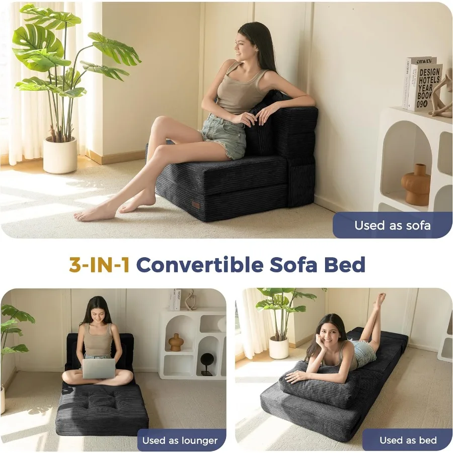 ソファベッド 折りたたみ式 シングル 寝椅子 枕付き 4 in 1 タフテッド 折りたたみ式 カウチベッド フォーム フロアソファ リビングルーム用