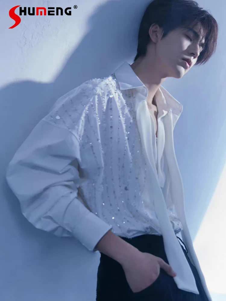 

Trendy Sequin Chain Loose Comfort Chic Shirts Men 2025 Autumn Winter New Long Sleeve Lapel Shirts Male Handsome Solid Color Tops