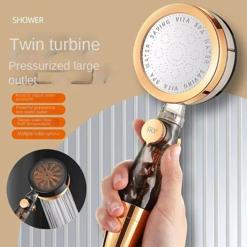 Household handheld twin turbocharged showerhead with filtered shower water and pressurized showerhead