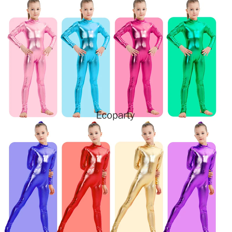 Kids Shiny Metallic One Piece Long Sleeves Full Body Gymnastics Ballet Dance Leotard Jumpsuit Girls Stretchy Unitards Dancewear