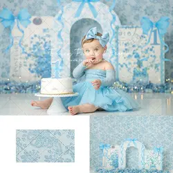 Baby Blue Elegance Kids Baby Cake Smash Photography Backdrop Blue bow lace and Florals Girls Adult Birthday Backgrounds