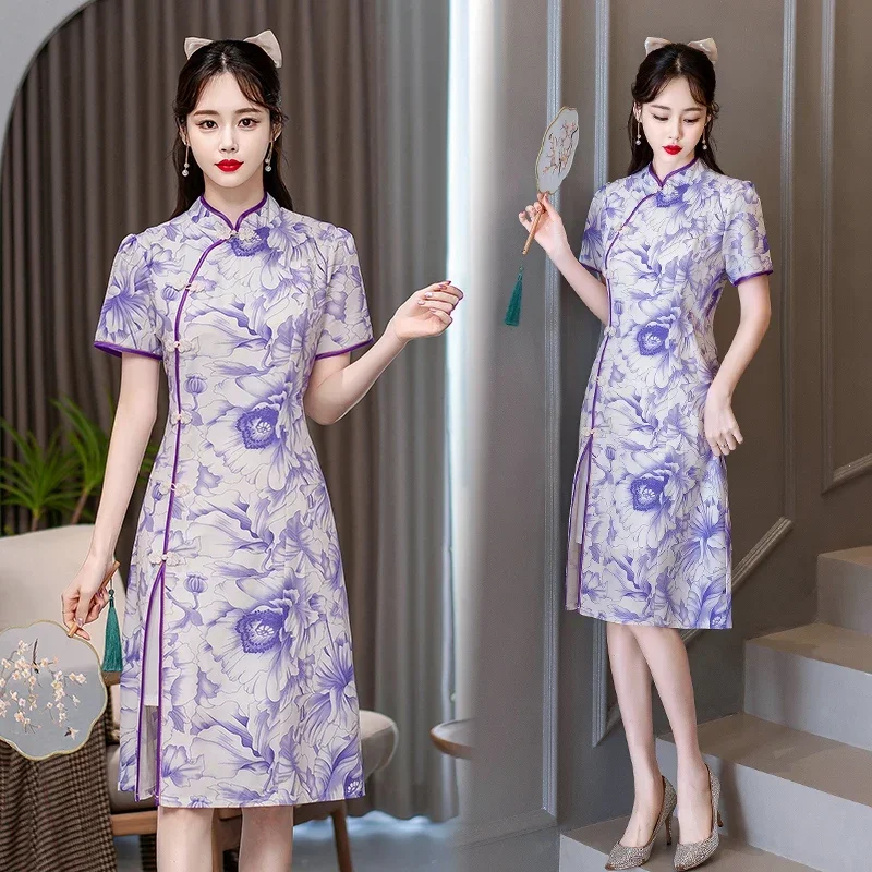 Summer New Improved Young Cheongsam Traditional Chinese Style Retro Fashion Short Sleeve Qipao Dress CNY