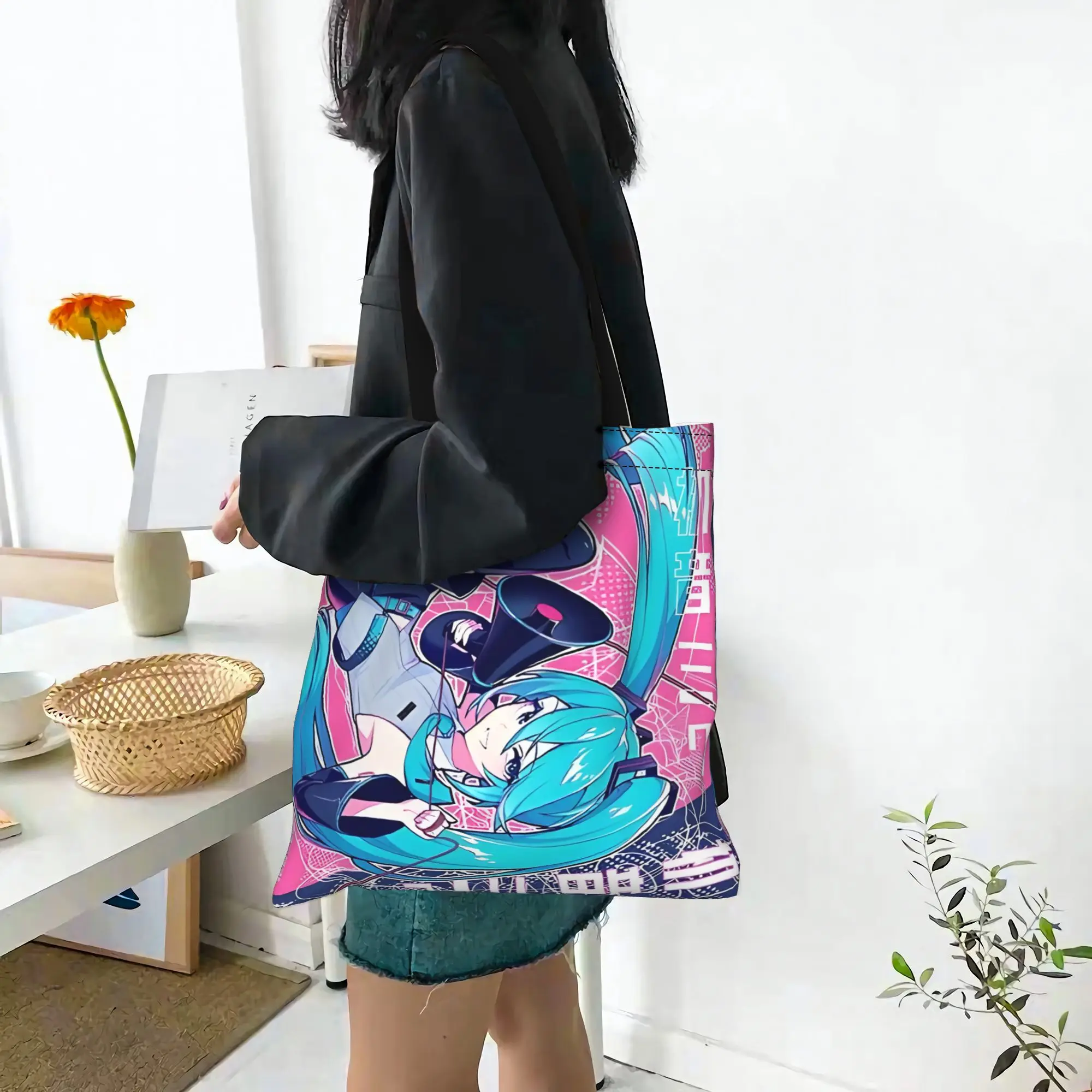Customized Hatsune Miku Cartoon Singer Women's Bag Shopping Bag Reusable Double Sided Canvas Tote Bag Shoulder  Handbag