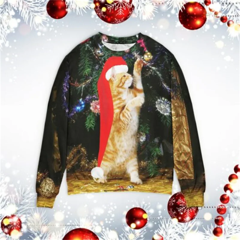 3D Printed Cartoon Cat Sweatshirt Christmas Pullover Xmax Tops Ugly Sweatshirt Fashion Round Long Sleeved Men Women Clothing