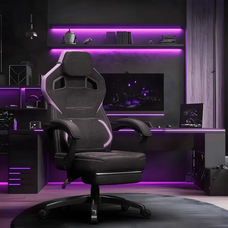 Fabric Gaming Chair with Footrest, Big and Tall Ergonomic Gamer Chair with Lumbar Support, Wide Back Computer Chair Purple