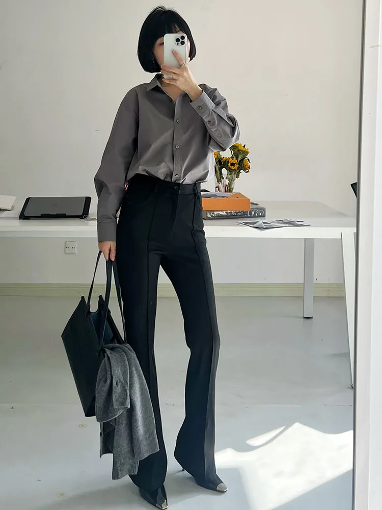 

Новые осенне-зимние утепленные эластичные облегающие черные универсальные длинные брюки в пол с микро-клешем для женщин