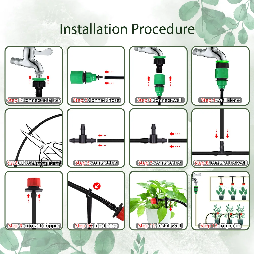 50 Meters Plant Timer Garden Watering System Irrigation 4/7mm Drip Kits Automatic Spray for Plants Adjustable Nozzles