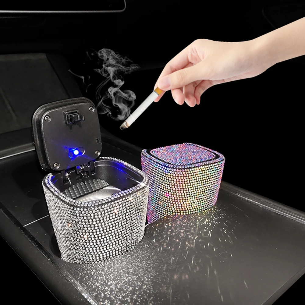 Car Ashtray with Lid Diamond-Encrusted LED Lights Portable Ashtray for Auto Office Bedroom