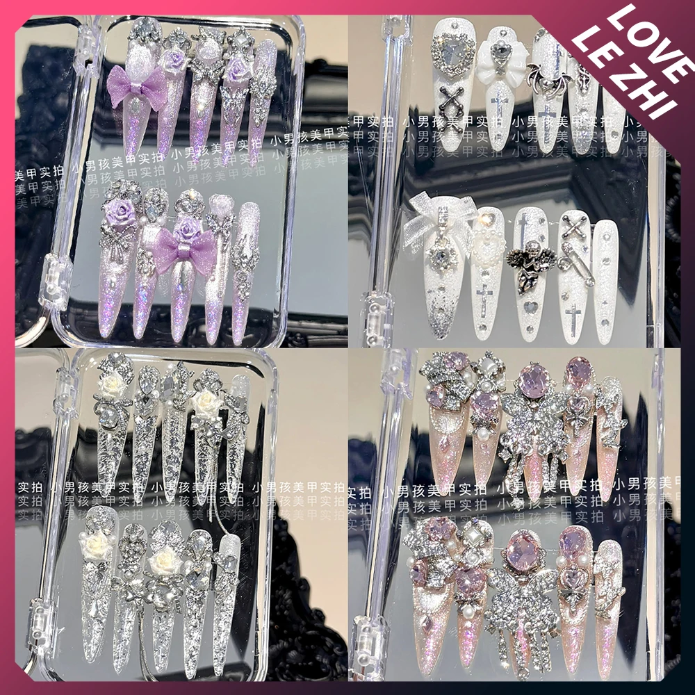 

Spice Girl Luxury Flash Rhinestone Handmade Long Stiletto Press On Nails Colorful Cat Eyes Flowers Bow Butterfly Pearl Fake Nail