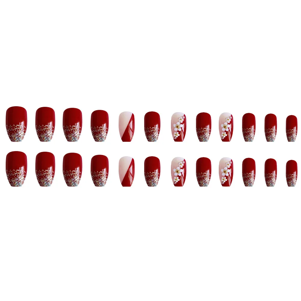 24pcs Glossy Red Press on Nails with White flowers Decor Coffin Head Fake Nails Full Cover Wearable Sweet Korean False Nails view 5