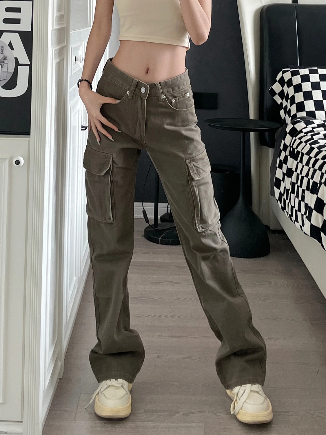 

Retro American Vibe Workwear Denim Jeans Men's And Women's Straight Leg Micro Flared Slimming Long Trousers Multiple Pockets