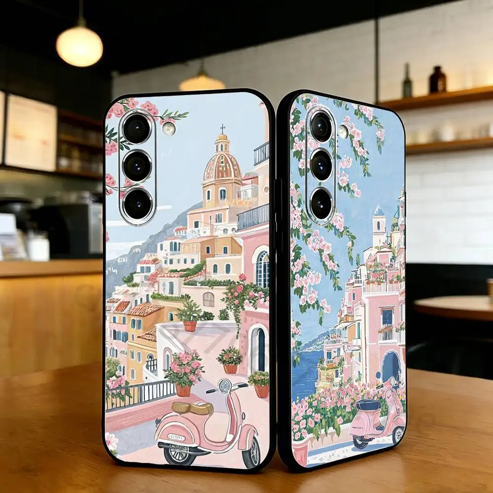 Pink Scenic Motorcycle Car Phone Case For Samsung S20,21,22,23,24,25,26 Ultra,Plus,Lite Black Soft Cover