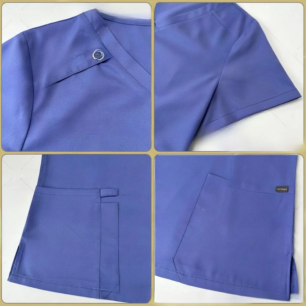 Nowe uniformy pielęgniarskie z krótkim rękawem, dekolt w serek + proste spodnie, damski wielokolorowy zestaw odzieży medycznej dla pielęgniarek, odzież robocza dla lekarzy weterynarzy.