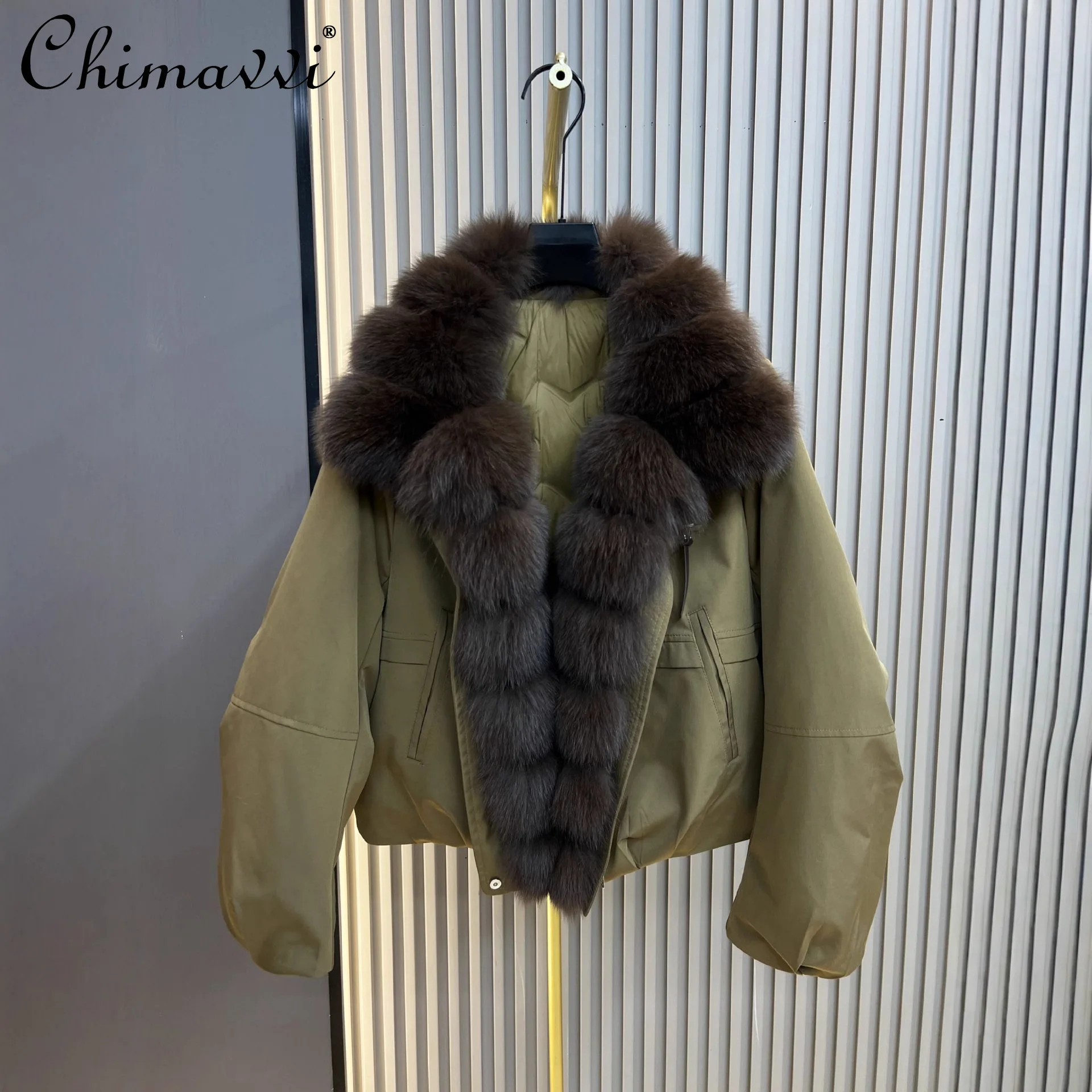 Piumino d'oca pesante Collo in pelliccia di volpe 2025 Inverno Nuova moda Manica lunga Allentato Caldo Elegante Parka da donna Cappotto in pelliccia sintetica