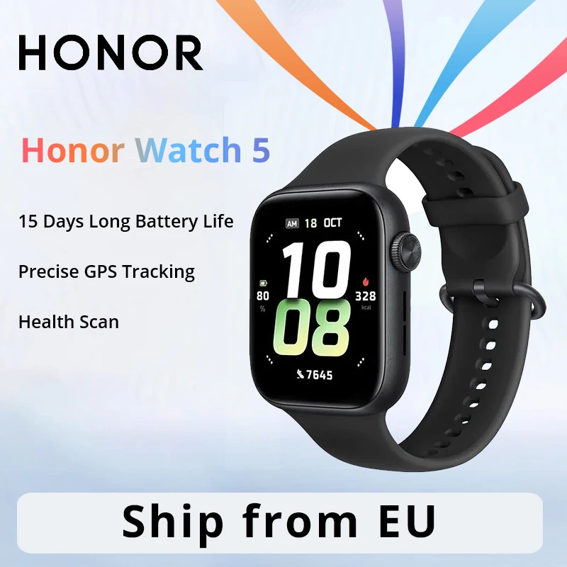 Version mondiale HONOR Watch 5 Smartwatch 1.85 "AMOLED Display GPS tracking 15 jours Durée de la batterie Surveillance de la santé de l'oxygène sanguin