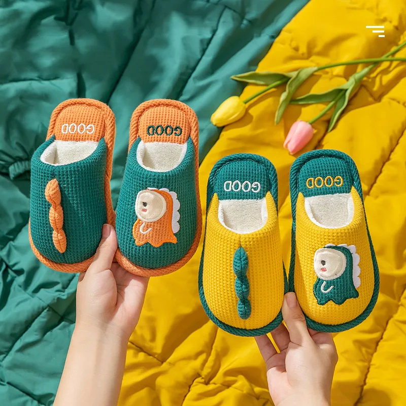 Winter Children Indoor Slippers Kids Cute Dinosaur Shoes Girls Boys Warm Plush Indoor Velvet Soft Cartoon Floor Flip Flops