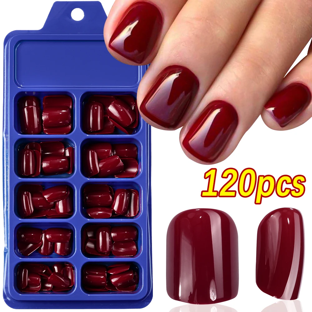 120 Stück rote, kurze, quadratische künstliche Nägel, Sommer, glänzend, vollständige Abdeckung, zum Aufdrücken von Nagelspitzen, Acryl, falsche Fingerspitze für Frauen, Muttertagsgeschenk