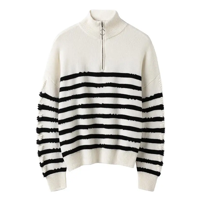 winter new loose casual half zipper luxury100% cashmere striped sweaters