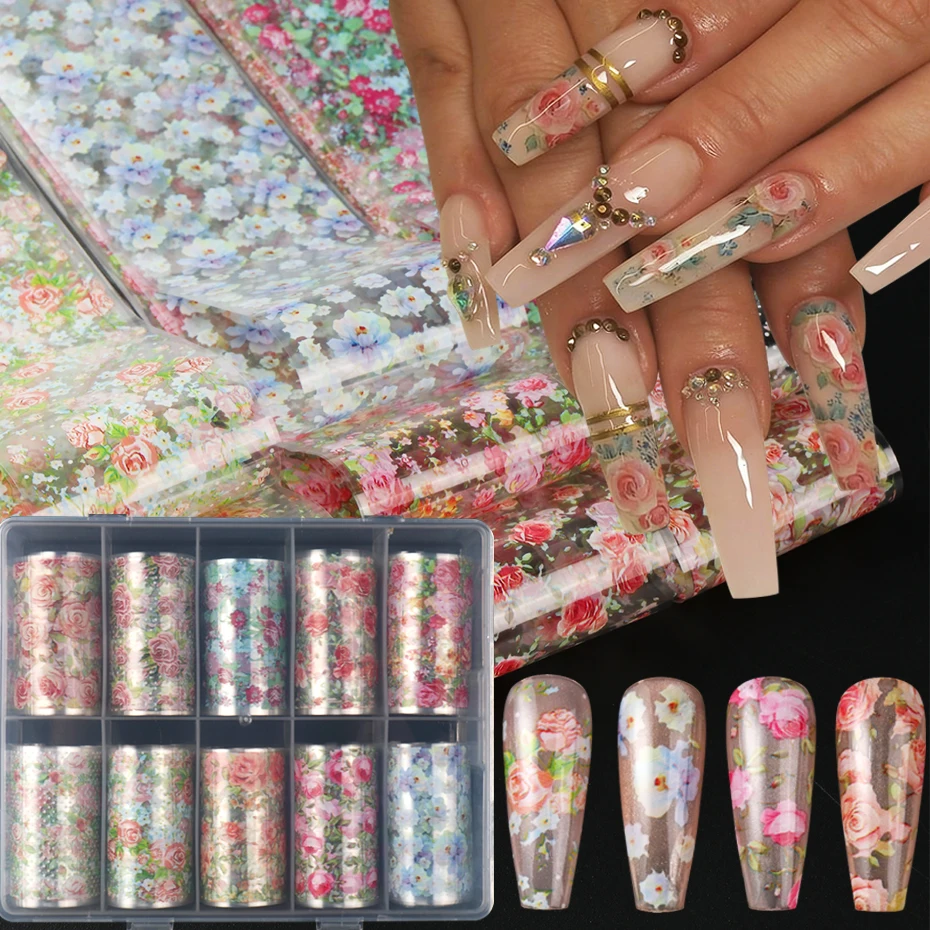 10 Rollen Rosenblüten-Nagelfolien-Transferaufkleber, bunte Rosen-Spitze, elegantes Design, Blumenmuster für Frühlingshochzeit, DIY-Nageldekoration