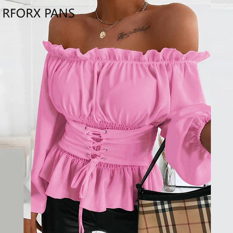 Off Shoulder Lace-Up Front Ruches Casual Blouse Plus Size Tops Lente Tops En Blouses