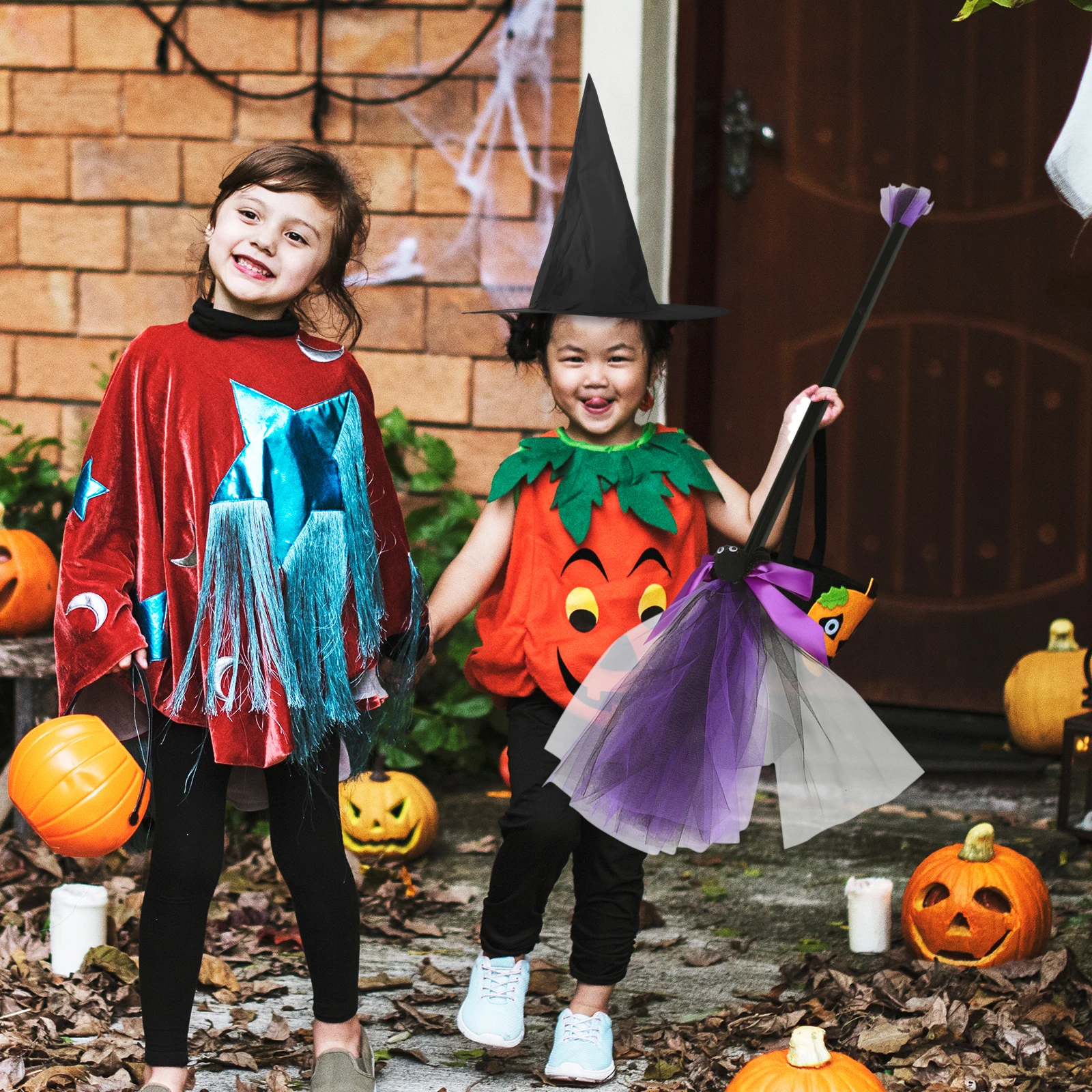 

Hat Broom Set Halloween Broomstick European and American Purple Costume