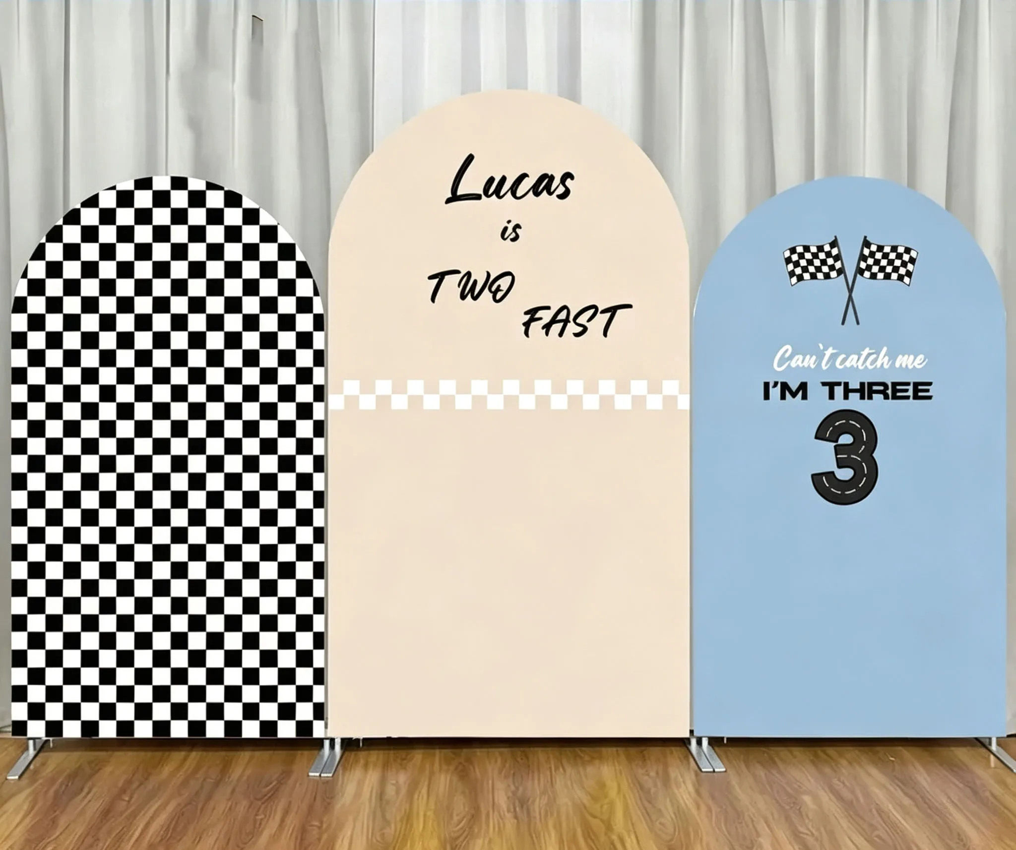 Custom Double-Sided Two Fast Racing Car Baby Shower Arch Backdrop Cover Black And White Squares Birthday Party Photography