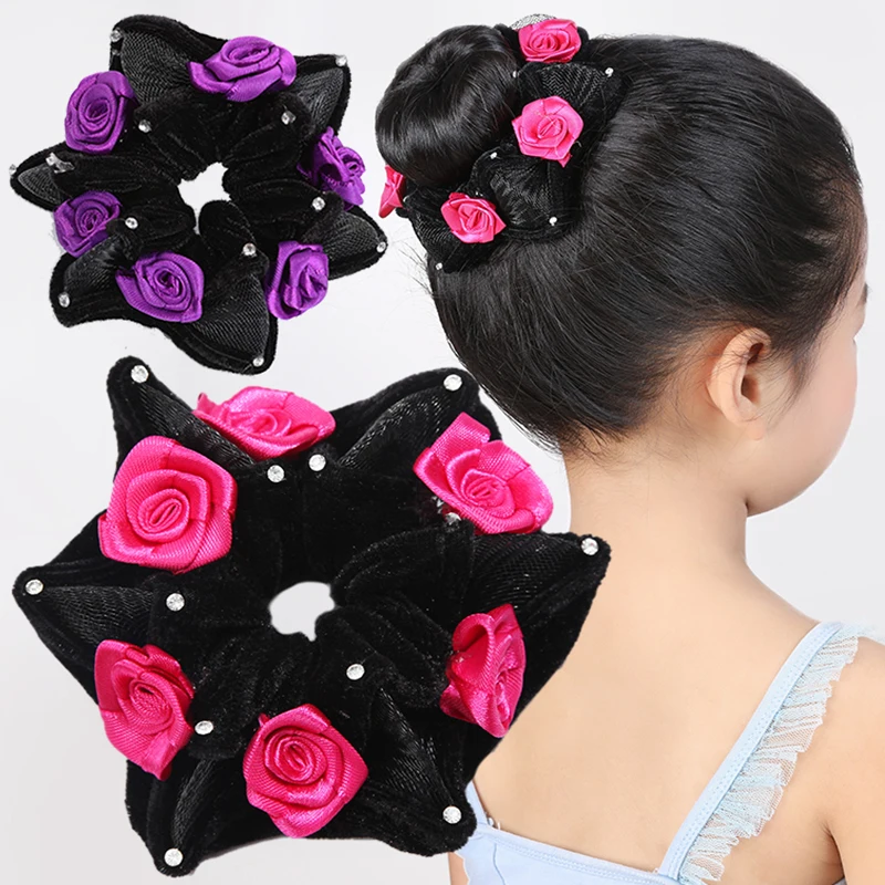 Fashion Chiffon Rose Hexagon Head Flower Rubber Band Hair Band Color with Diamond Velvet Hair Band Hair Band Hair Accessories