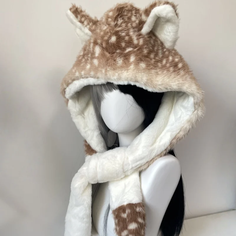 New Harajuku Kawaii Reindeer Hat Faux Fur Plush Winter Warm Furry Ear Protection Cap Christmas Subculture Y2K Girl Punk Hats