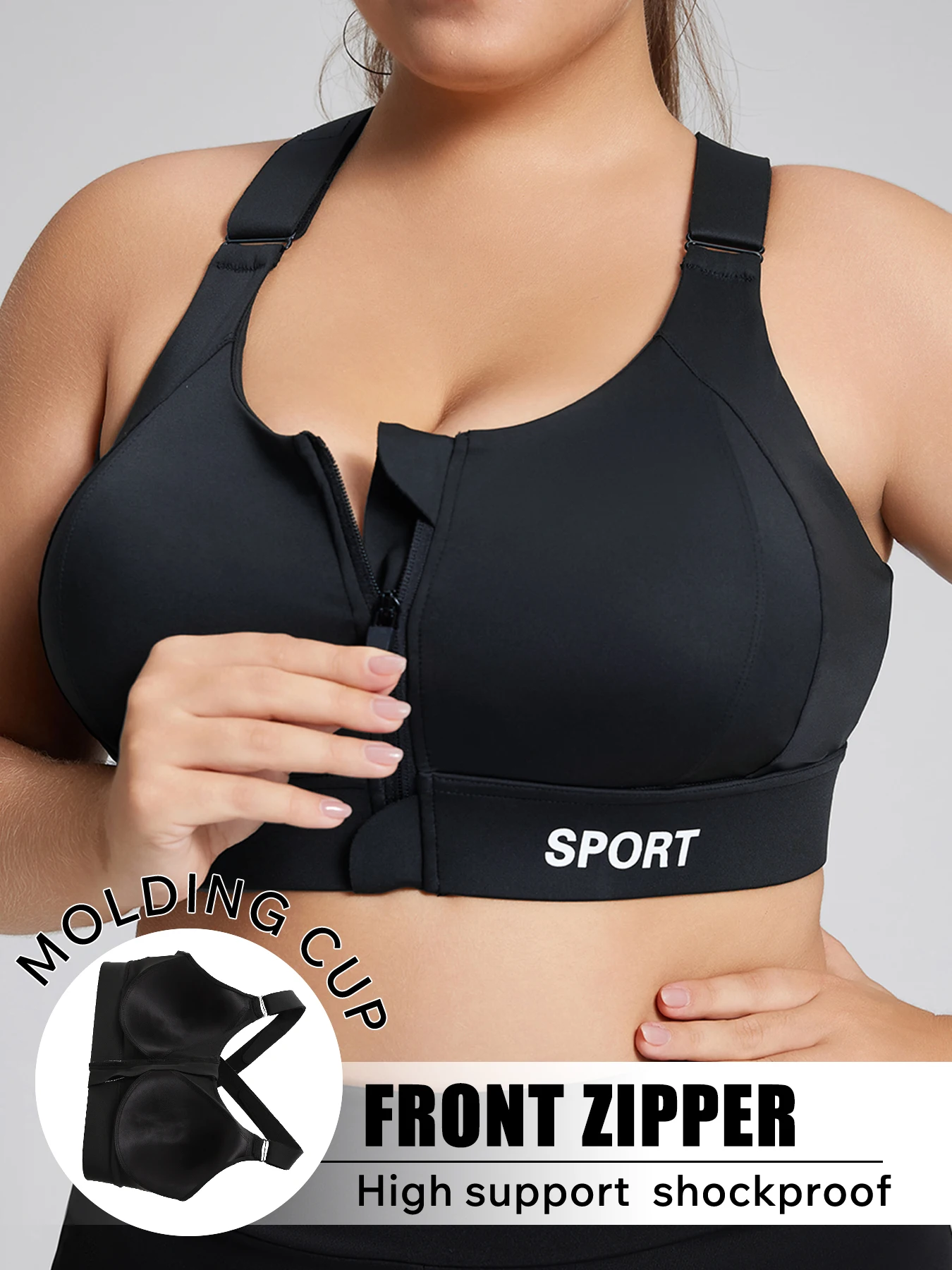 【Plus Size】Sports Bra, Zipper Closure with Lift-Up Design, Adjustable Support, Fixed Cups, Can Be Worn Outside, Medium Support Level, Suitable for Sports, Fitness, Running, and Everyday Casual Wear