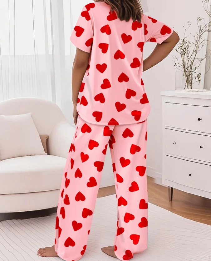 2-Piece Heart-Shaped Patterned Short Sleeved Top and Casual Heart-Shaped Patterned Long Pants Set for Home Wear and Pajamas Set