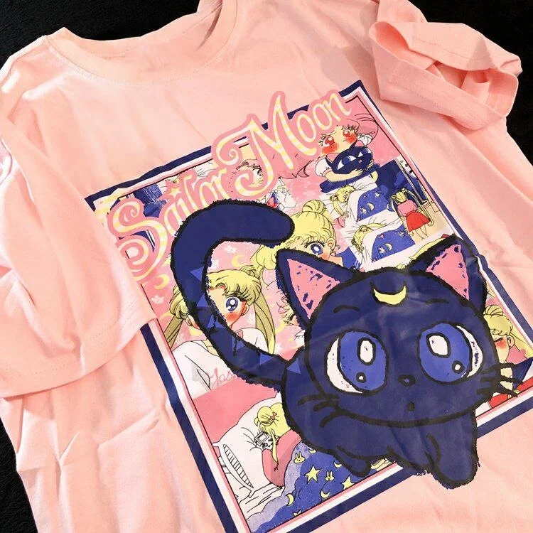 Adult and Children Parent-child, Couple Harajuku Style Y2K Sailor Moon Cat Large Pattern Overlay 3D Printed Short Sleeves