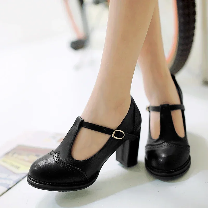 Women High Heel T-strap Pumps Fashion Black Brown Round Toe Dress Office Lady Spring Fall Brogue Fretwork Sweet Mary Janes Shoes