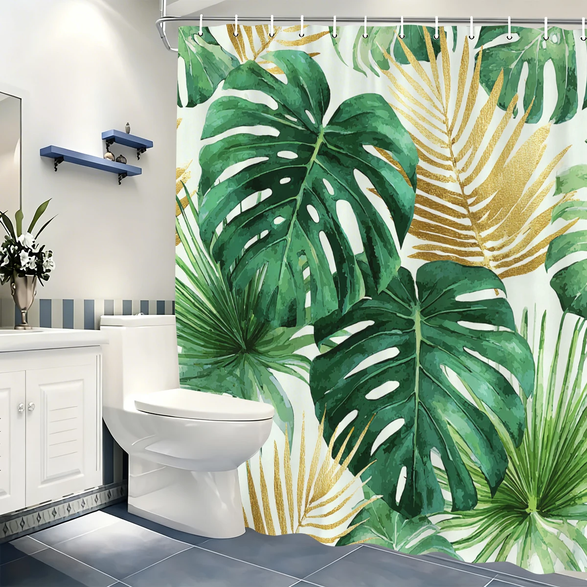 

Яркая зеленая занавеска для душа с рисунком листьев растений - Декоративная тканевая занавеска для ванной в стиле Monstera deliciosa